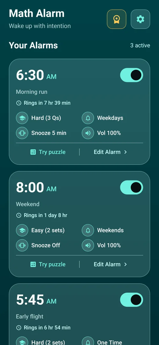 Math Alarm Clock home screen listing three alarms with their times and settings